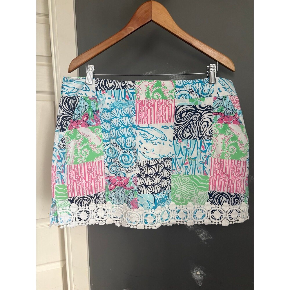 Lilly Pulitzer size 12 vintage Patchwork Mini Skirt White Pink Lace Trim